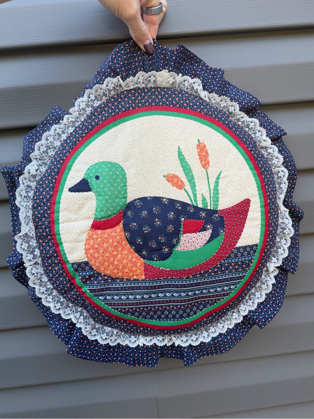 Vintage Handmade Mallard Duck Appliqué Pillow Ruffle Lace Cottagecore